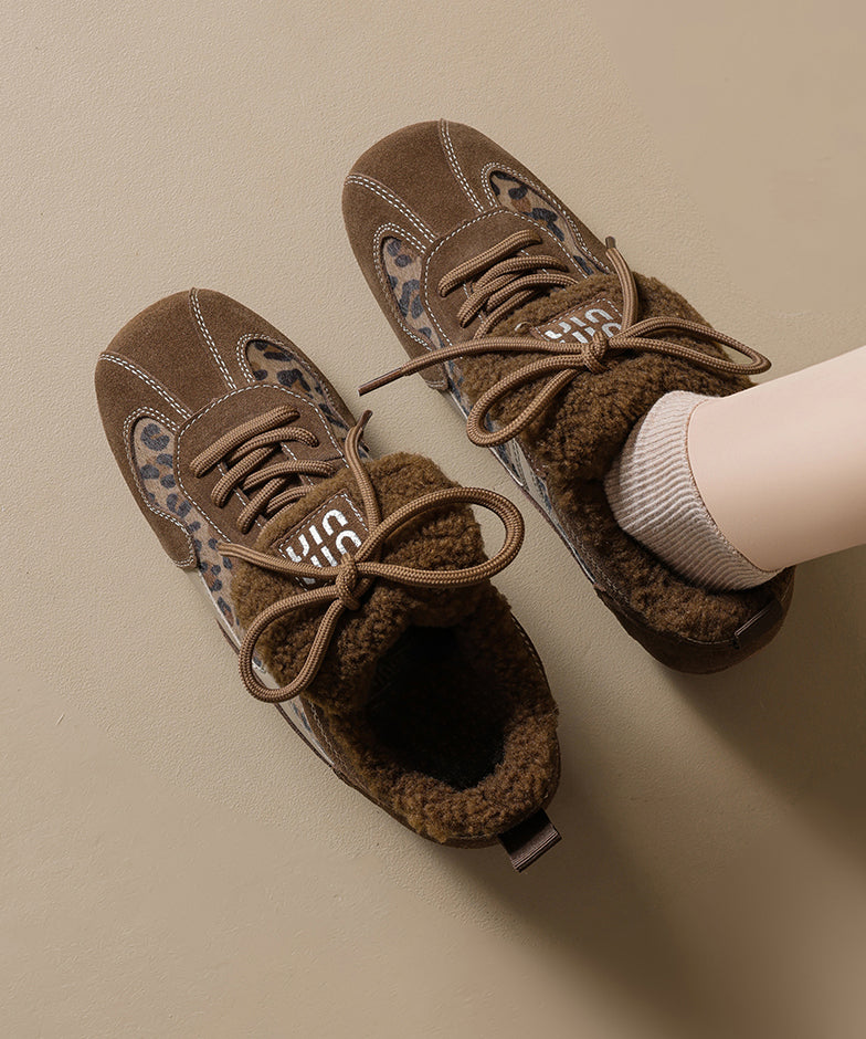 Comfy Splicing Platform Flat Shoes Leopard Suede Lace Up