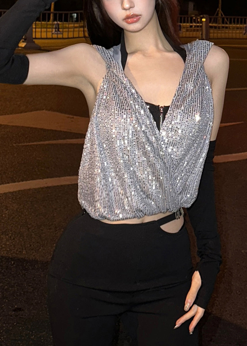 Cool Sequin Hooded Zipper Neck Hanging T-Shirt Two-Piece Set