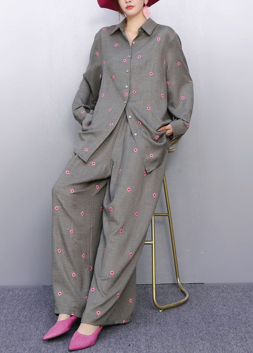 Coordinated Style Grey Two-Piece Outfit Vibrant Pink Embroidered Details