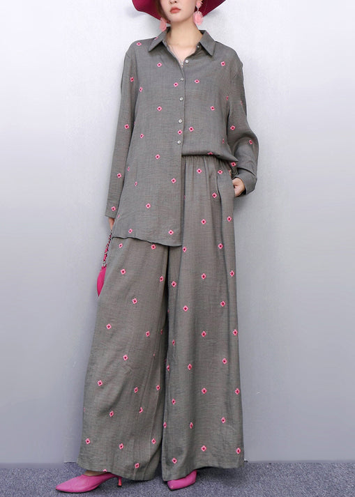 Coordinated Style Grey Two-Piece Outfit Vibrant Pink Embroidered Details