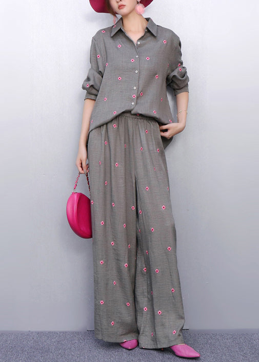 Coordinated Style Grey Two-Piece Outfit Vibrant Pink Embroidered Details
