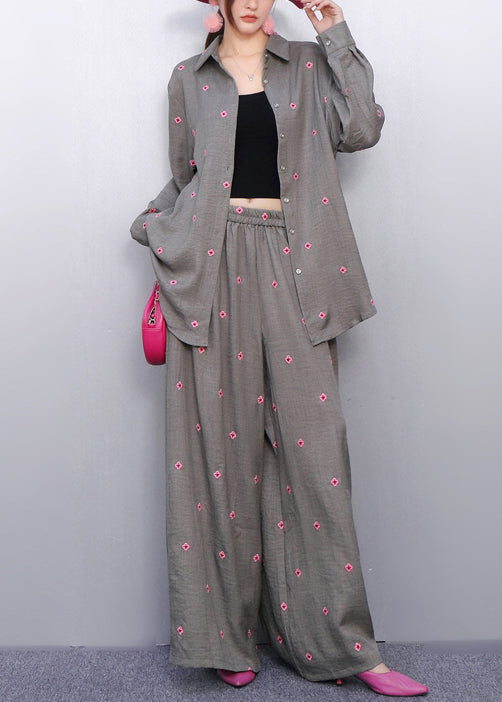 Coordinated Style Grey Two-Piece Outfit Vibrant Pink Embroidered Details
