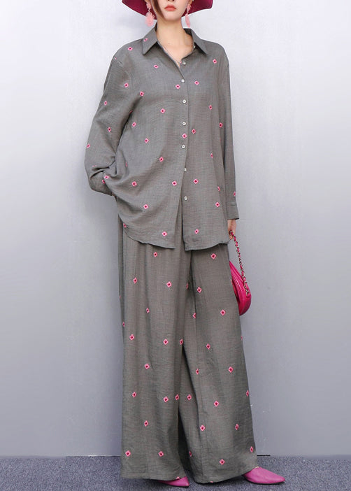 Coordinated Style Grey Two-Piece Outfit Vibrant Pink Embroidered Details