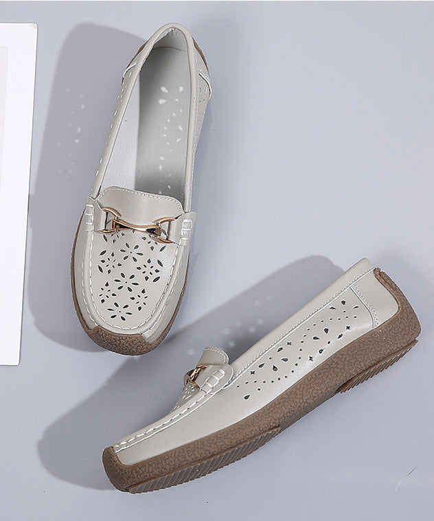 Cowhide Leather Flat Shoes For Women Hollow Out Flat Shoes
