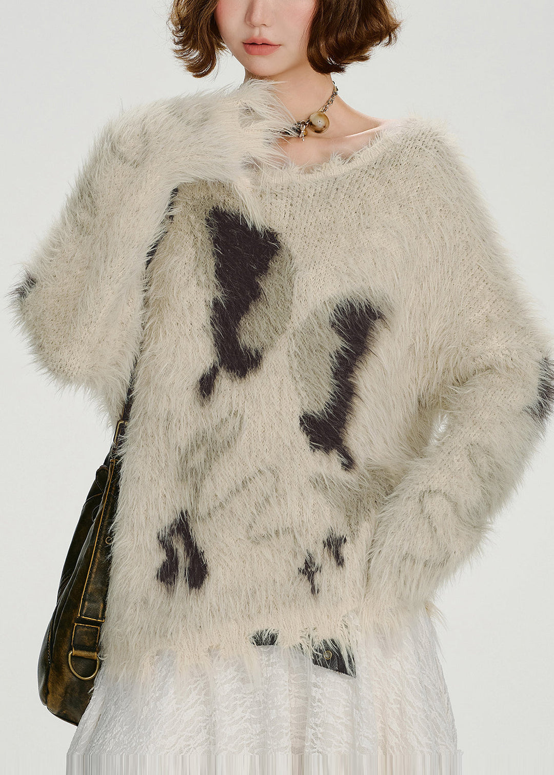Cozy Beige Oversized Warm Fuzzy Fur Fluffy Knit Tops Winter