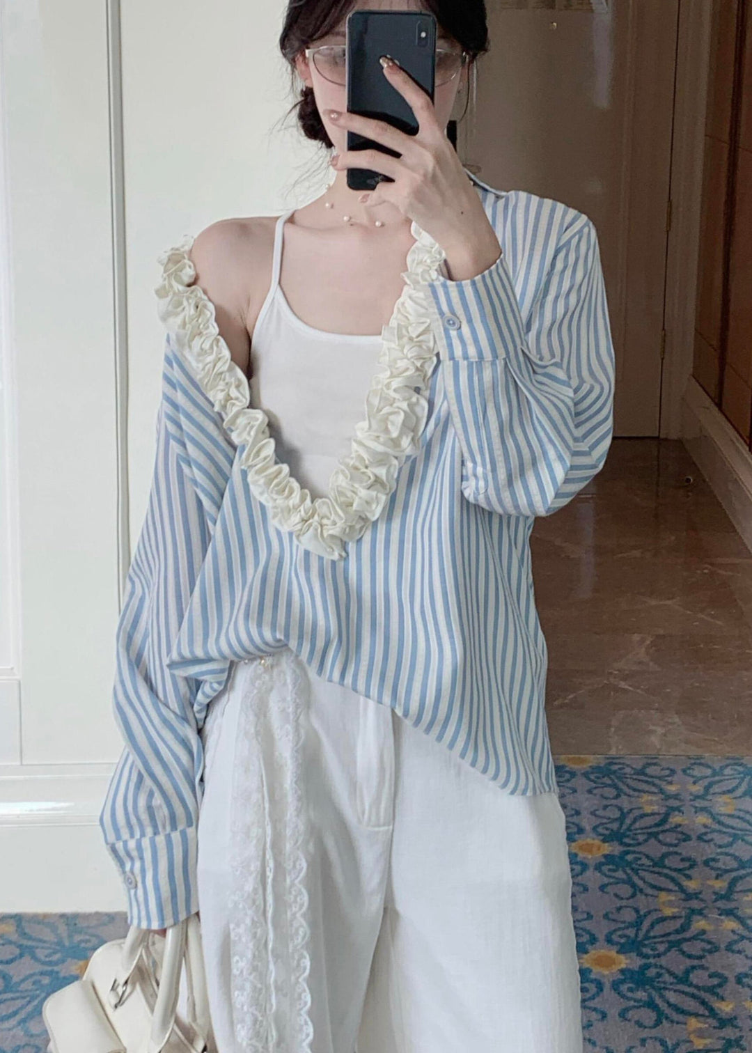 Cozy Blue Ruffled Striped Cotton Shirt Tops Fall