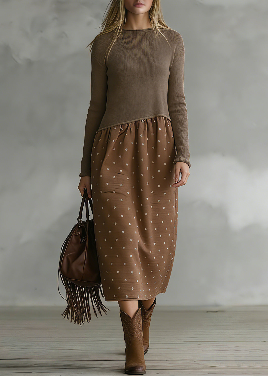 Cozy Brown Sweater Wardrobes Quotes O Neck Tunic Patchwork Knitwear