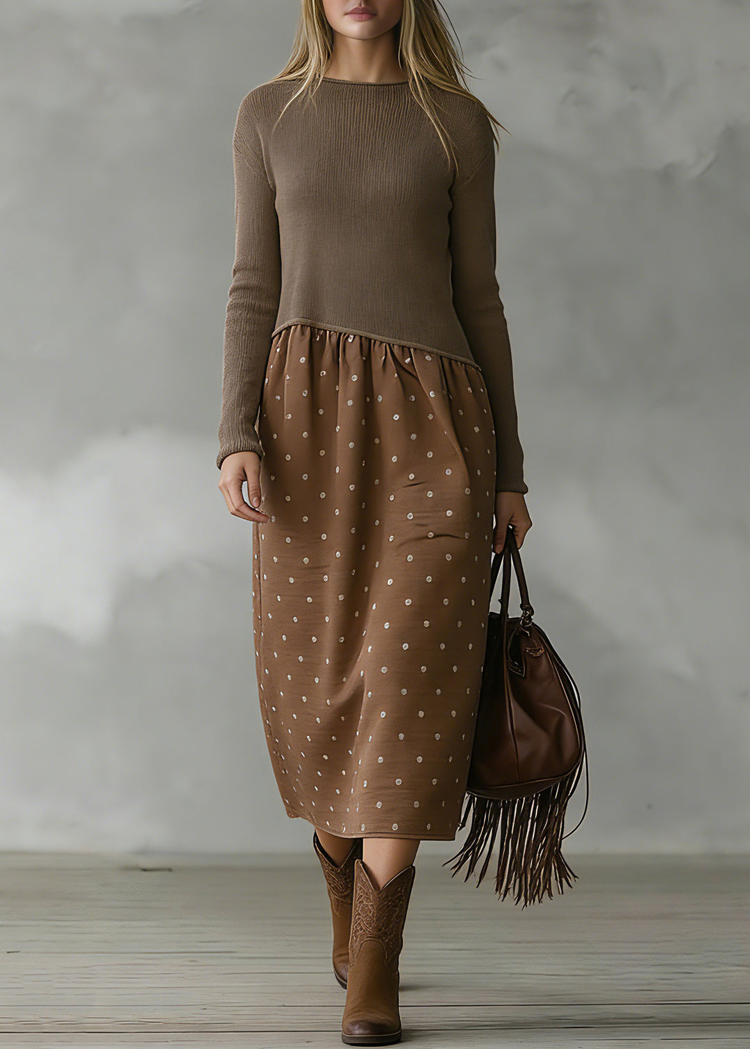 Cozy Brown Sweater Wardrobes Quotes O Neck Tunic Patchwork Knitwear