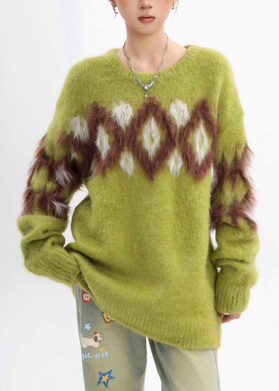 Cozy Grass Green Oversized Plaid Warm Knitted Tops Winter