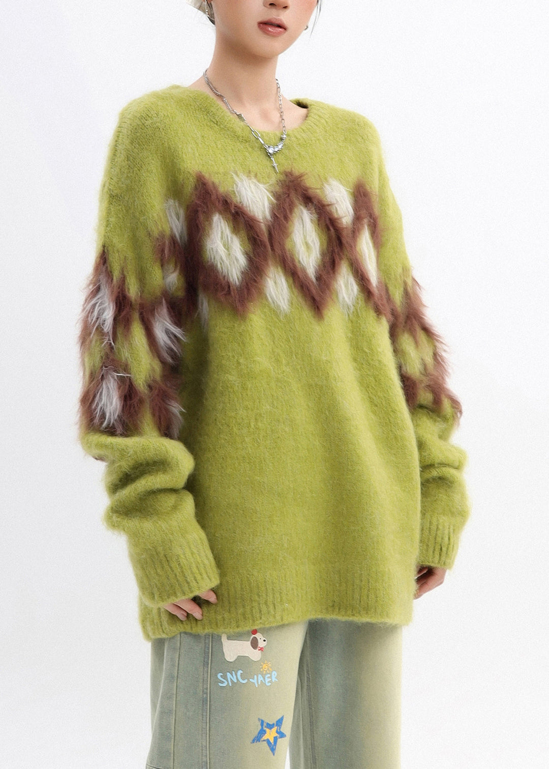 Cozy Grass Green Oversized Plaid Warm Knitted Tops Winter
