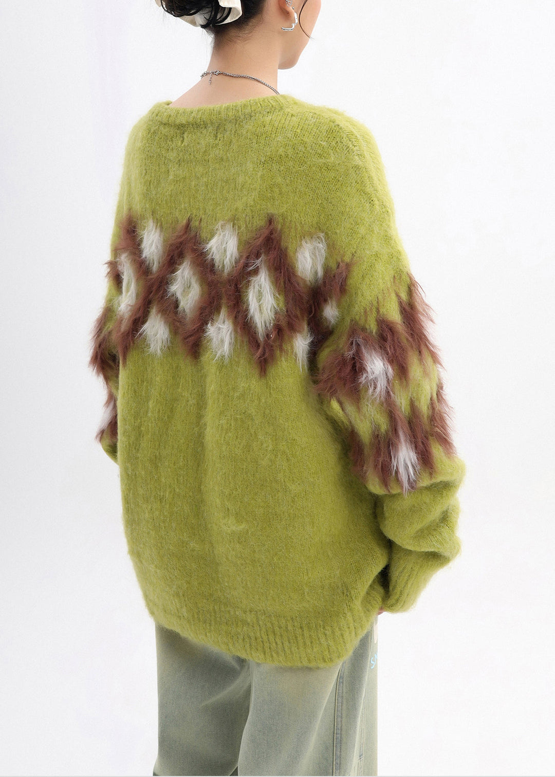 Cozy Grass Green Oversized Plaid Warm Knitted Tops Winter