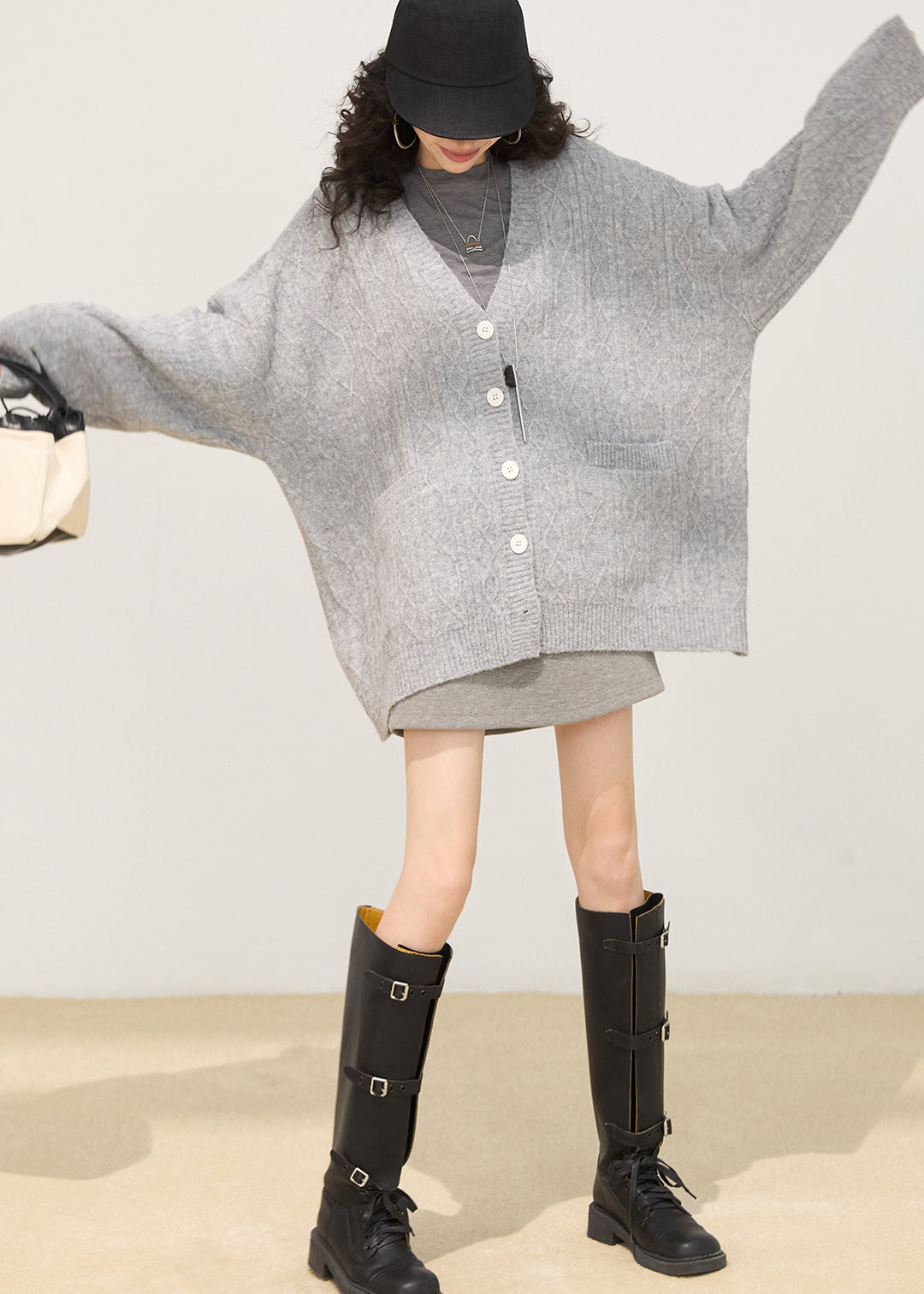 Cozy Grey Oversized Button Down Knit Cardigan Winter