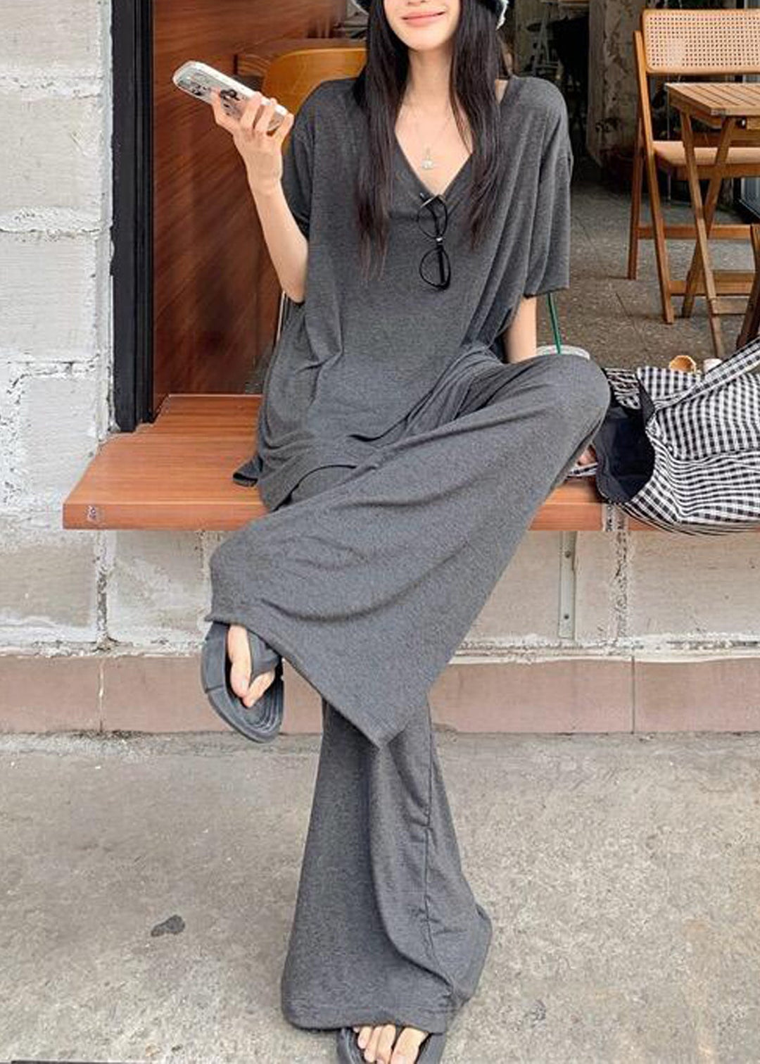Cozy Grey Oversized Cotton Two Pieces Set Fall