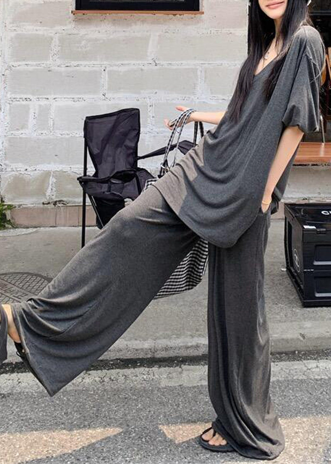 Cozy Grey Oversized Cotton Two Pieces Set Fall