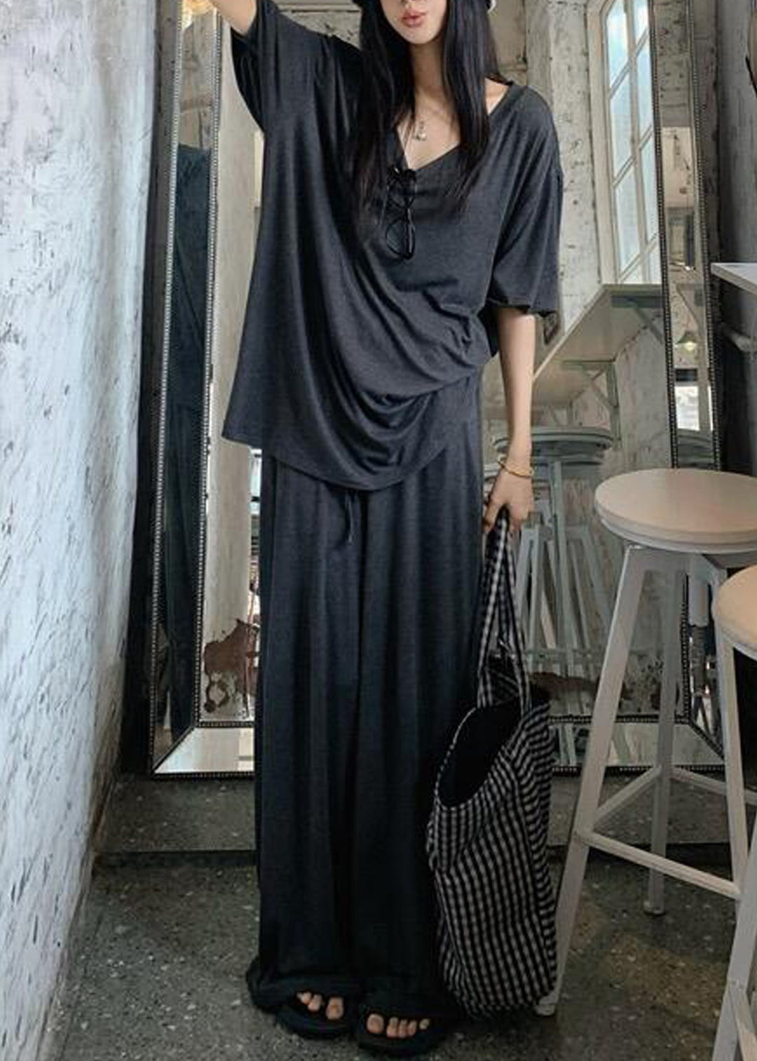 Cozy Grey Oversized Cotton Two Pieces Set Fall