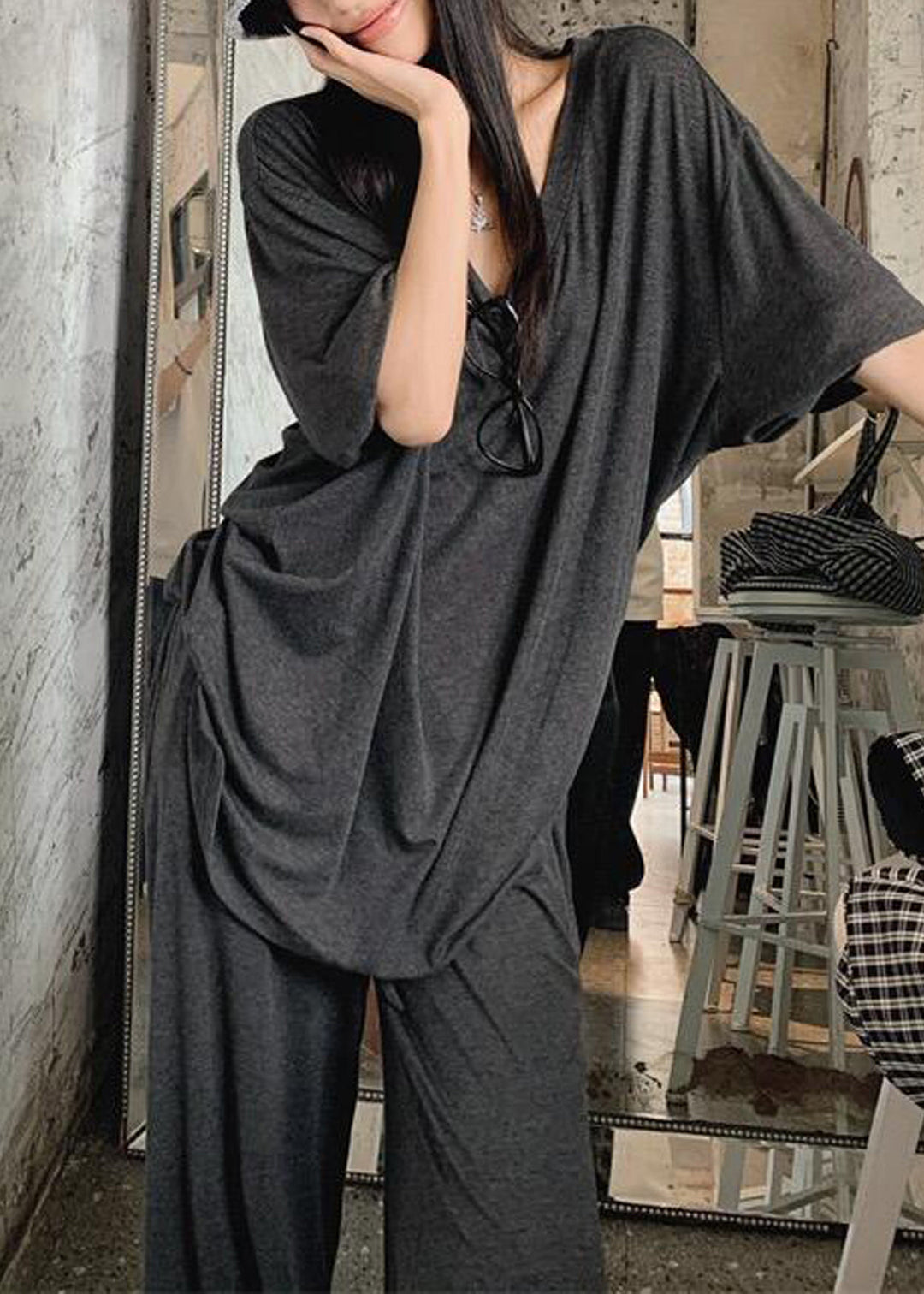 Cozy Grey Oversized Cotton Two Pieces Set Fall