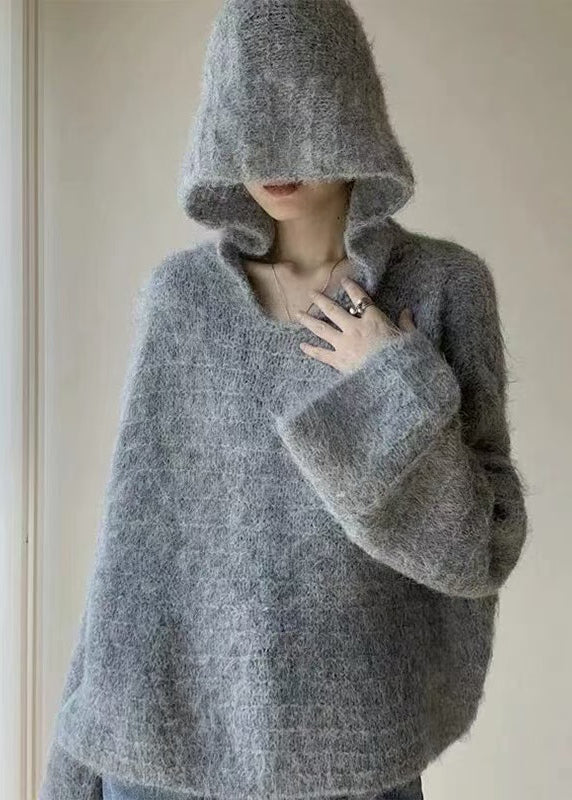 Cozy Grey V Neck Hooded Knit Shirts Winter