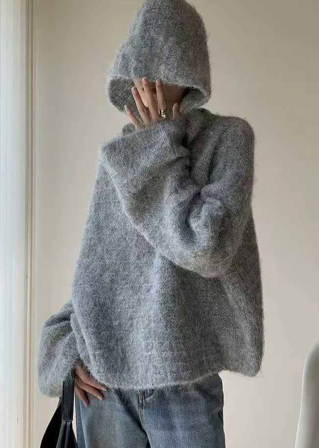 Cozy Grey V Neck Hooded Knit Shirts Winter