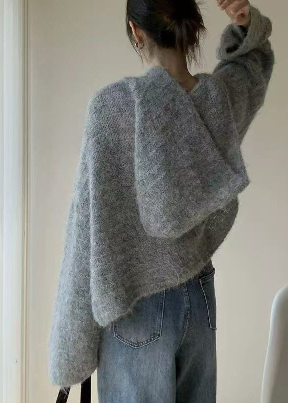 Cozy Grey V Neck Hooded Knit Shirts Winter