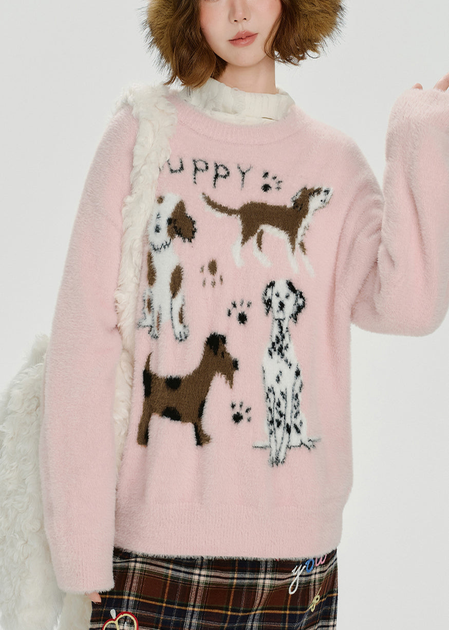 Cozy Pink Cute Puppy Jacquard Knitted Tops Winter