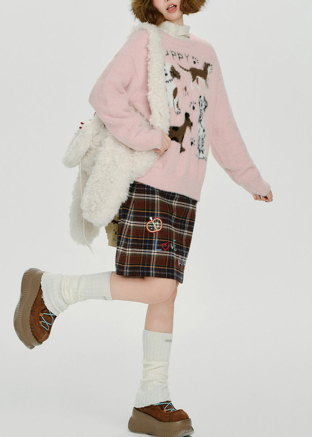 Cozy Pink Cute Puppy Jacquard Knitted Tops Winter