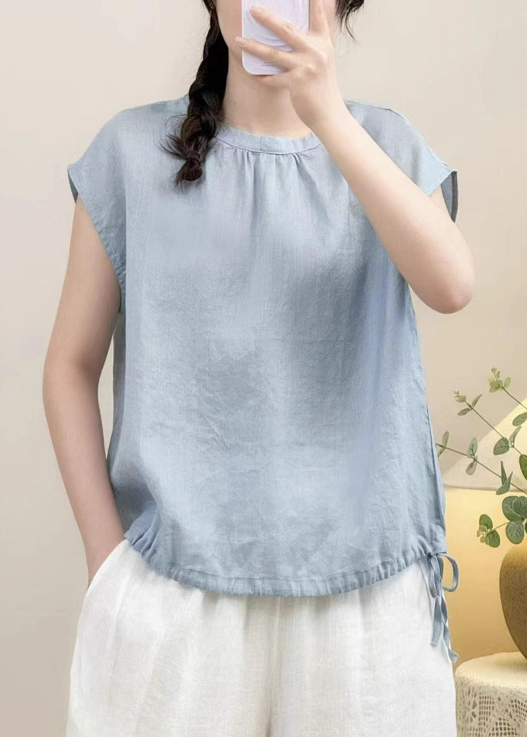 Cozy Pink O Neck Solid Linen Shirt Summer
