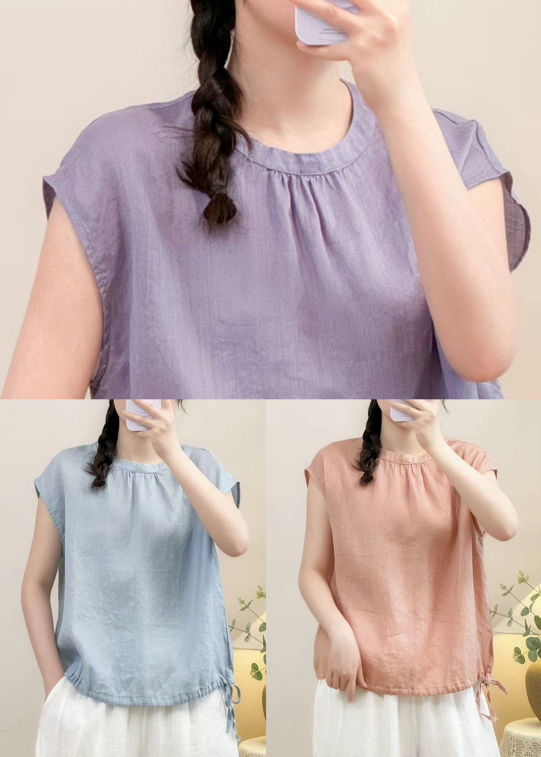Cozy Pink O Neck Solid Linen Shirt Summer