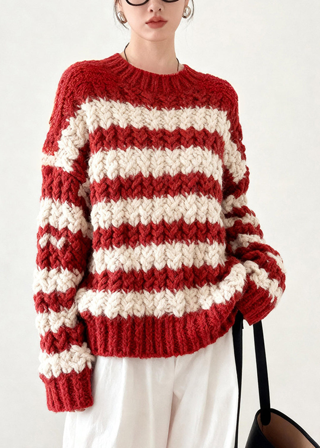 Cozy Red Striped Knitted Tops Chunky Oversized Winter