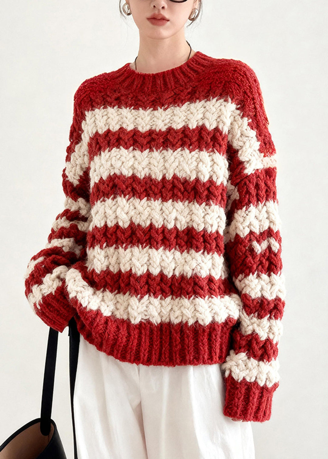 Cozy Red Striped Knitted Tops Chunky Oversized Winter