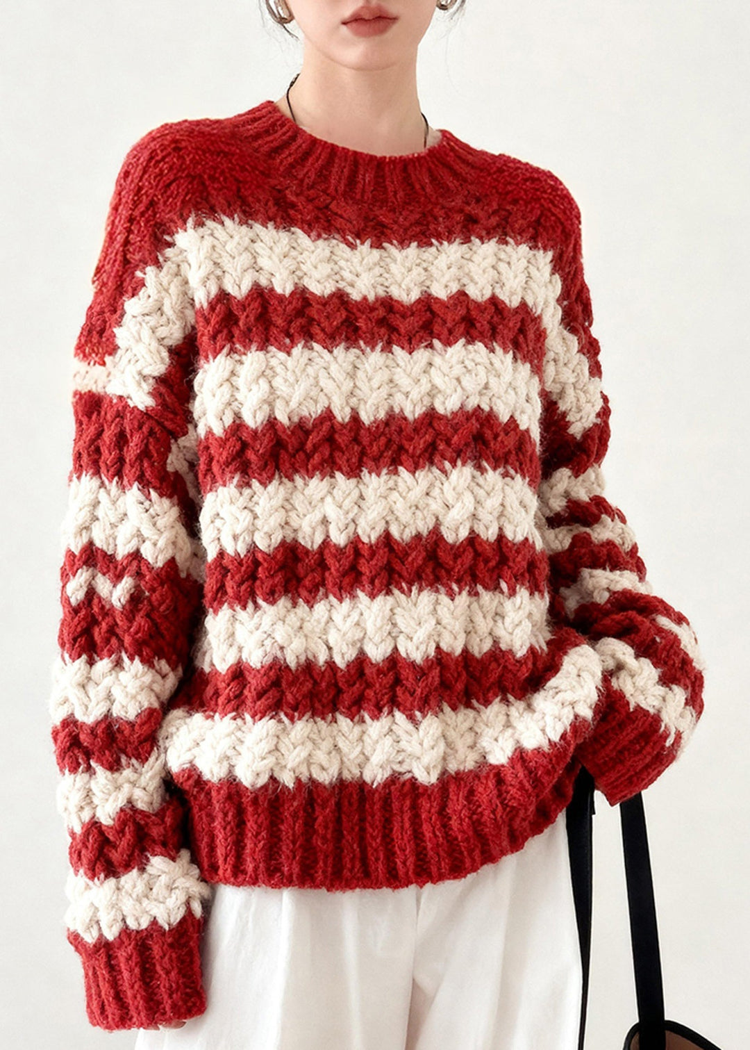 Cozy Red Striped Knitted Tops Chunky Oversized Winter