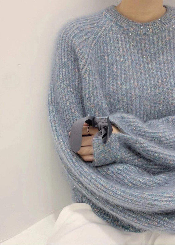 Cozy Sky Blue Sequins Oversized Knit Pullover Winter