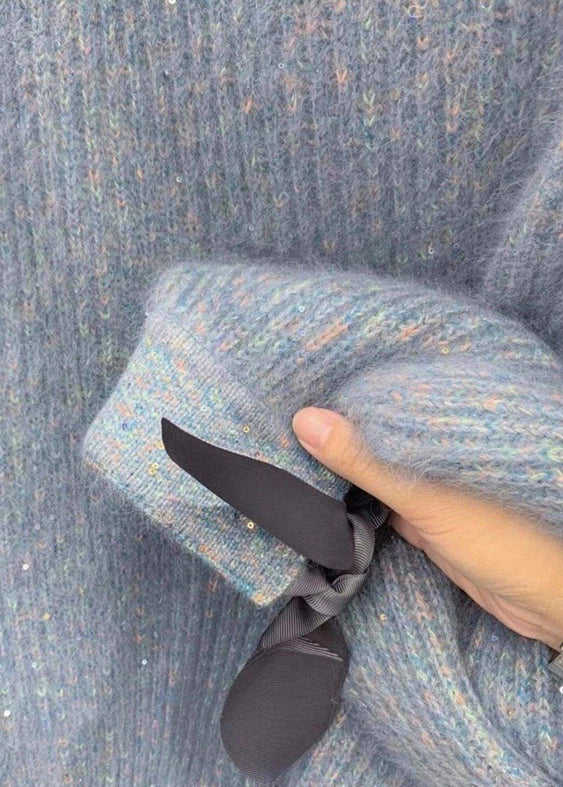 Cozy Sky Blue Sequins Oversized Knit Pullover Winter