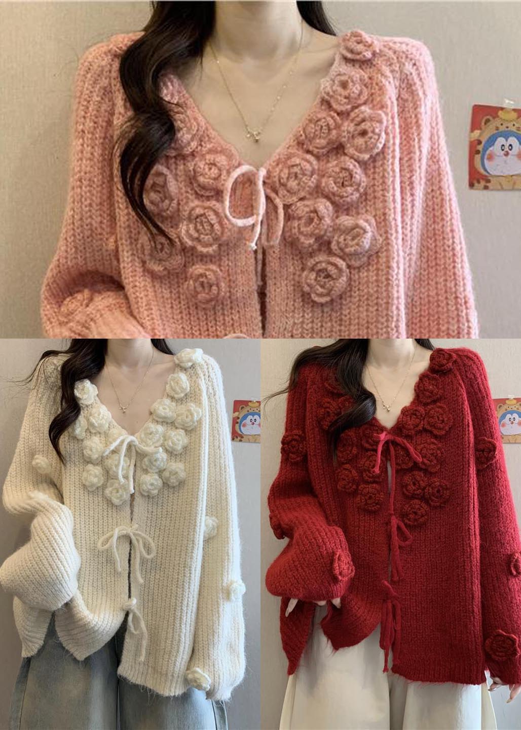 Cozy White Floral Decorated Lace Up Knit Cardigan Fall