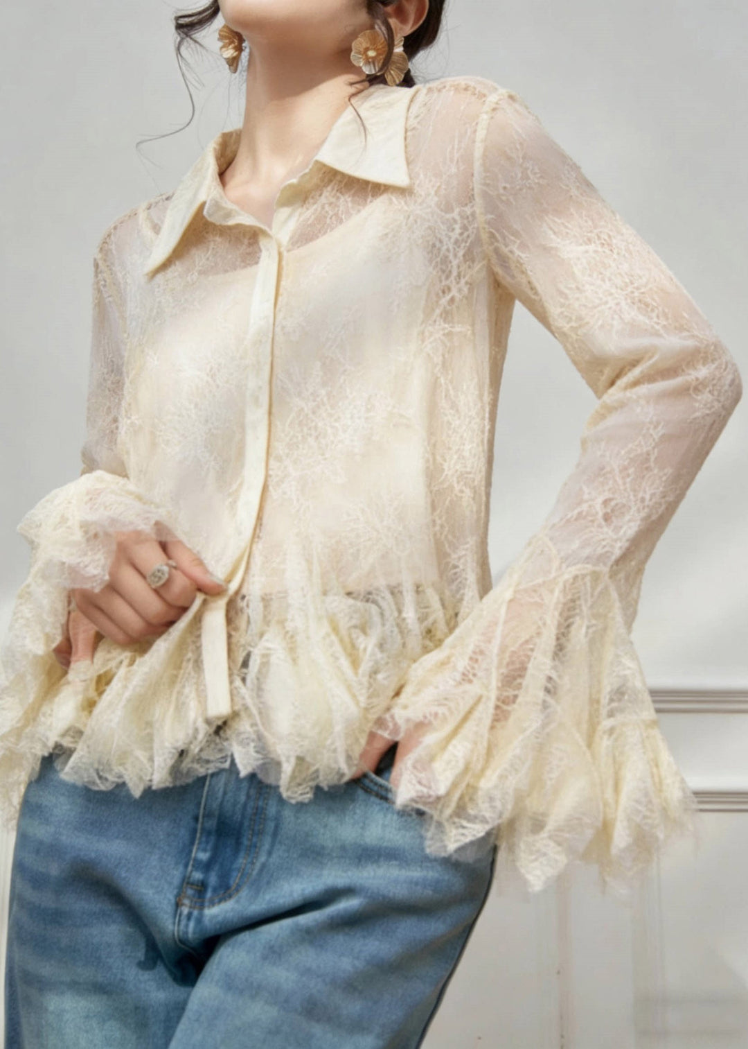 Cute Apricot Peter Pan Collar Button Chiffon Shirt Spring