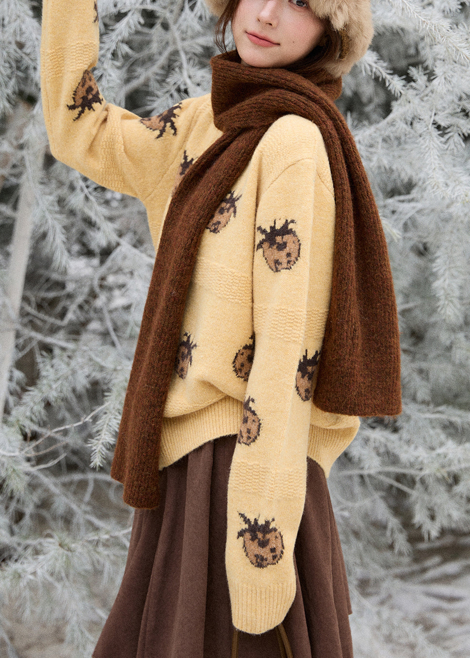 Cute Apricot Print Button Cotton Knit Cardigan Long Sleeve