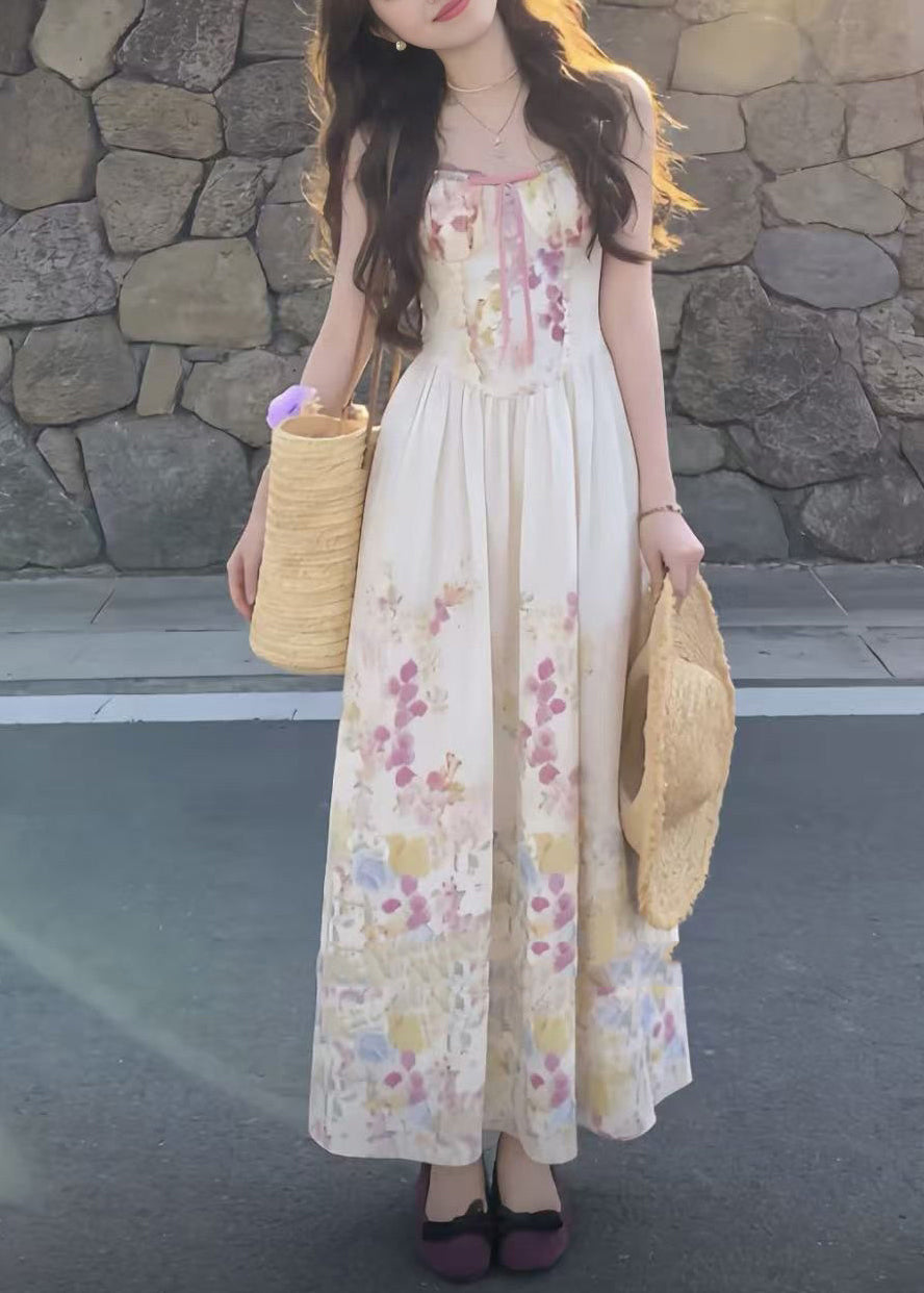 Cute Apricot Print Wrinkled Maxi Spaghetti Strap Dress Sleeveless