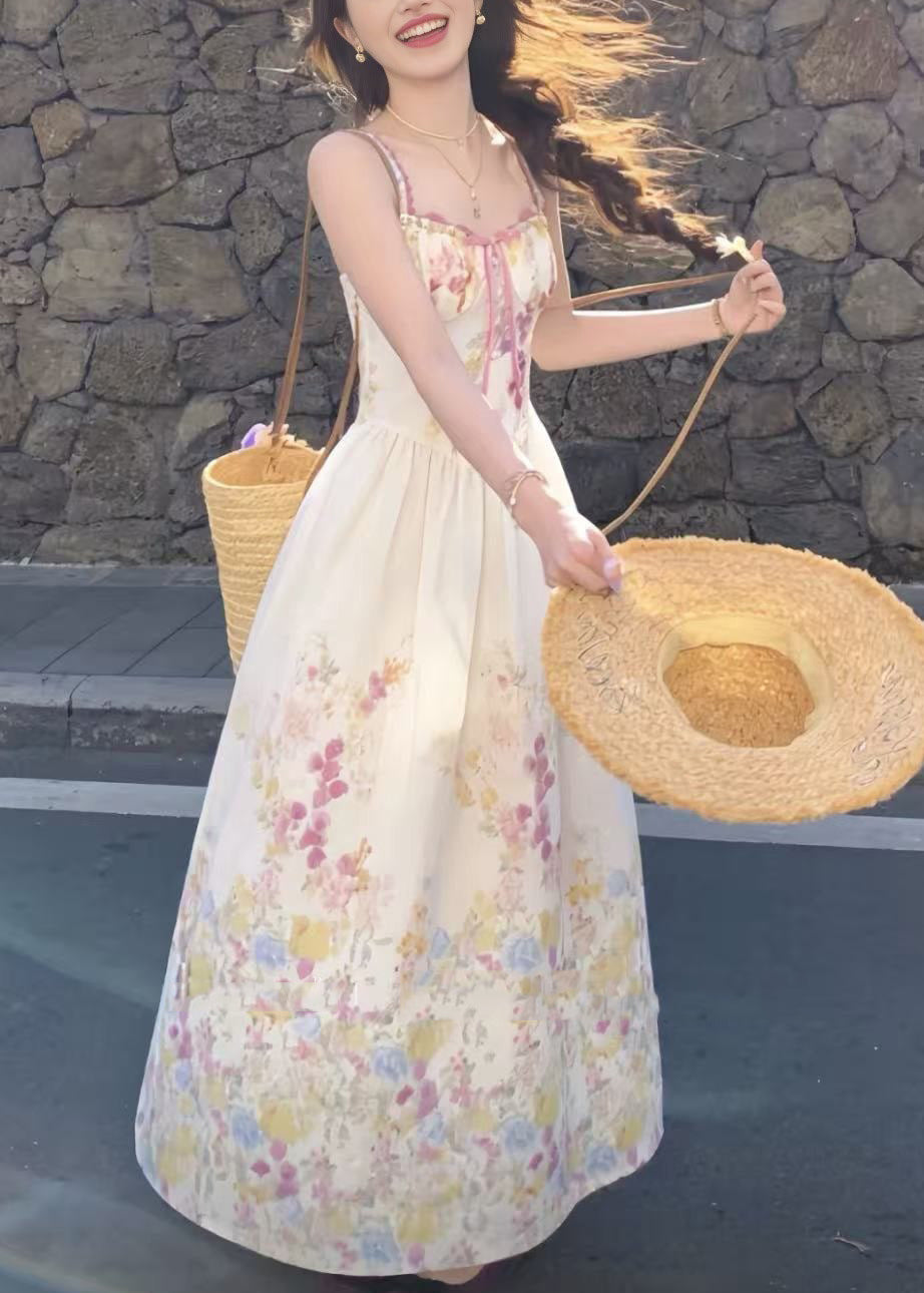 Cute Apricot Print Wrinkled Maxi Spaghetti Strap Dress Sleeveless