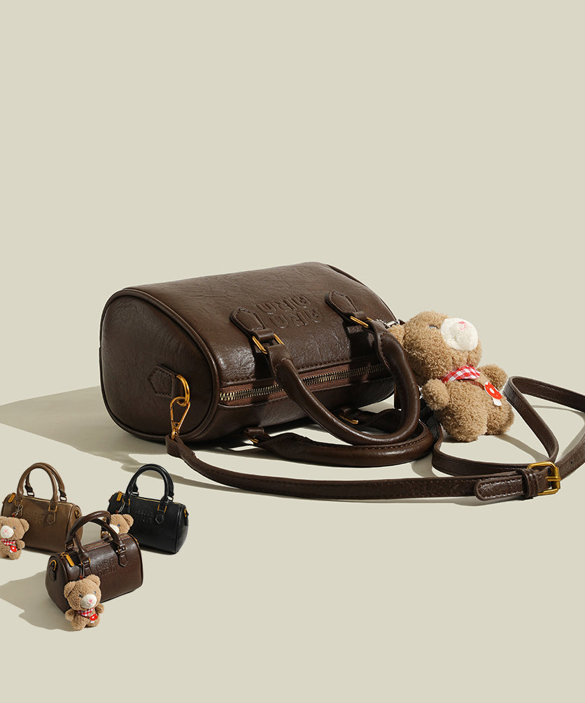 Cute Bear Decorated Solid Durable Faux Leather Tote Handbag