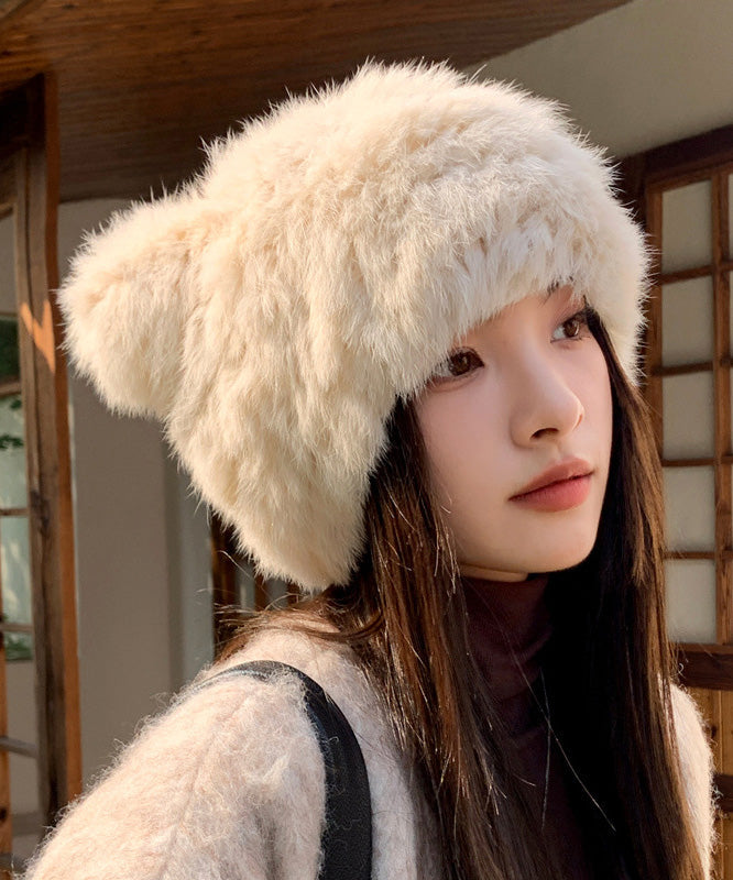 Cute Beige Cat's Ears Thickened Warm Fuzzy Fur Hat Winter
