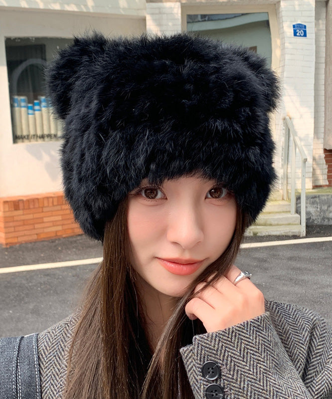 Cute Beige Cat's Ears Thickened Warm Fuzzy Fur Hat Winter