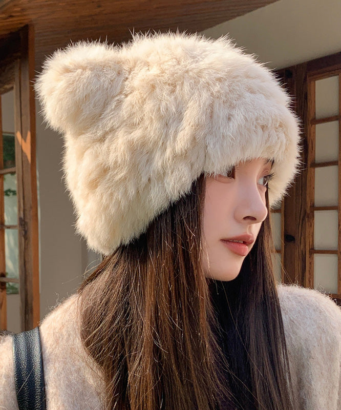 Cute Beige Cat's Ears Thickened Warm Fuzzy Fur Hat Winter
