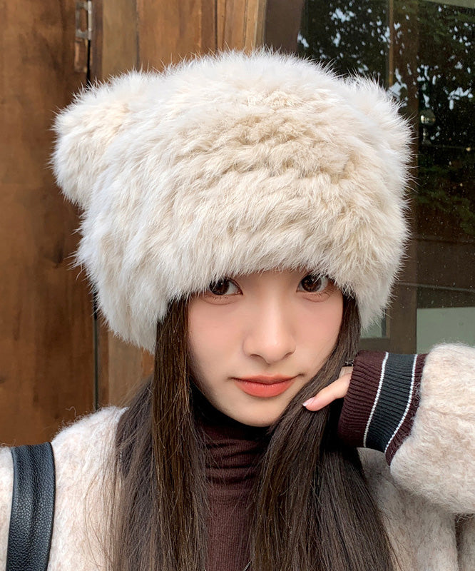 Cute Beige Cat's Ears Thickened Warm Fuzzy Fur Hat Winter