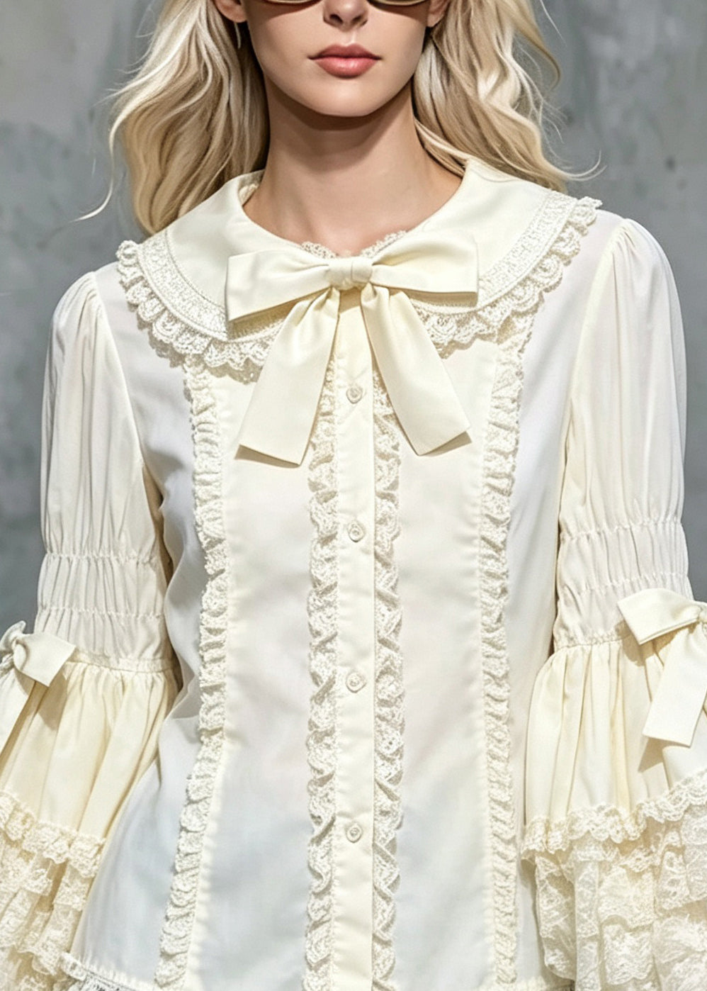 Cute Beige Peter Pan Collar Bow Ruffled Shirts Flare Sleeve