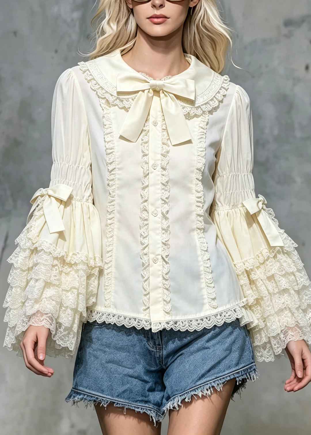 Cute Beige Peter Pan Collar Bow Ruffled Shirts Flare Sleeve