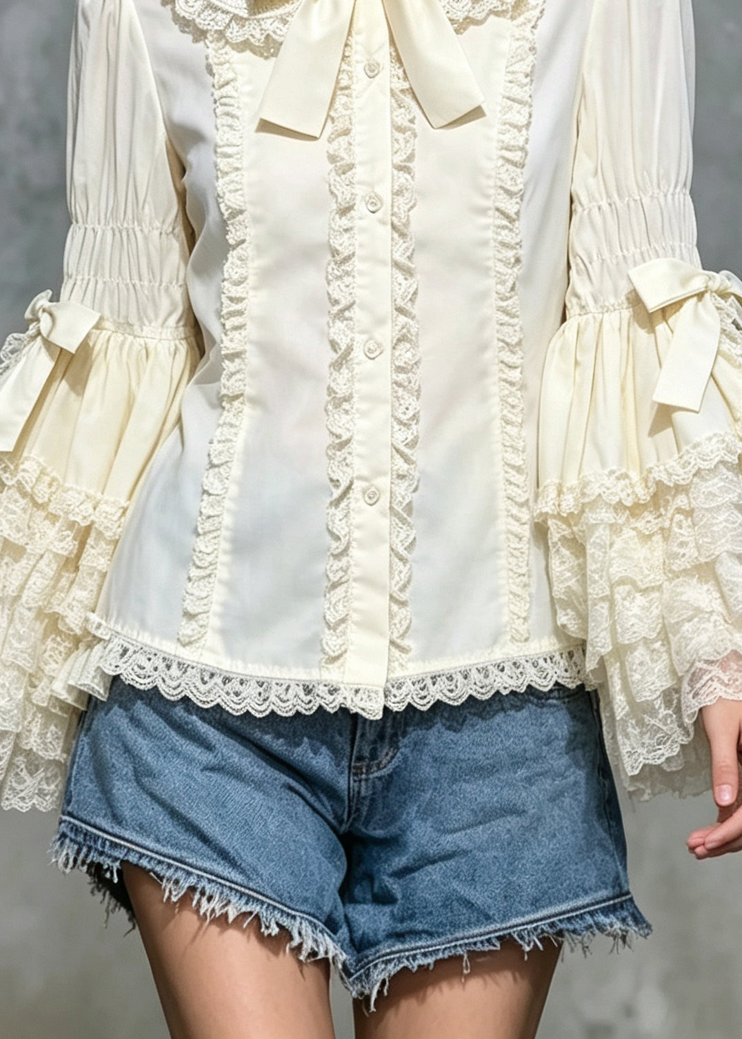 Cute Beige Peter Pan Collar Bow Ruffled Shirts Flare Sleeve