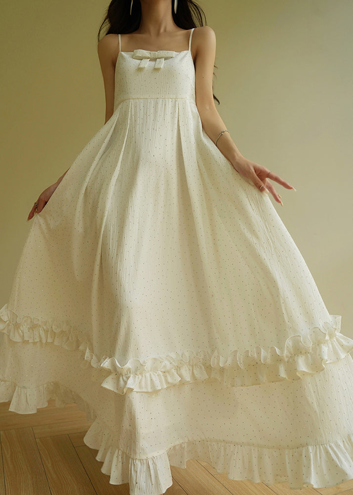 Cute Beige Slash Neck Print Ruffled Patchwork Long Spaghetti Strap Dress Sleeveless