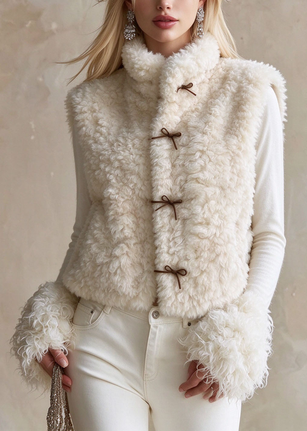 Cute Beige Stand Collar Bow Faux Fur Waistcoat Winter