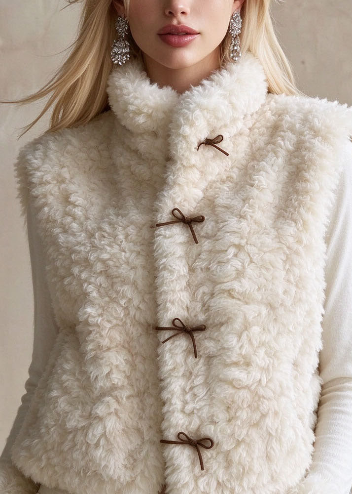 Cute Beige Stand Collar Bow Faux Fur Waistcoat Winter