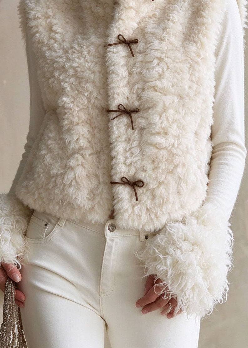 Cute Beige Stand Collar Bow Faux Fur Waistcoat Winter