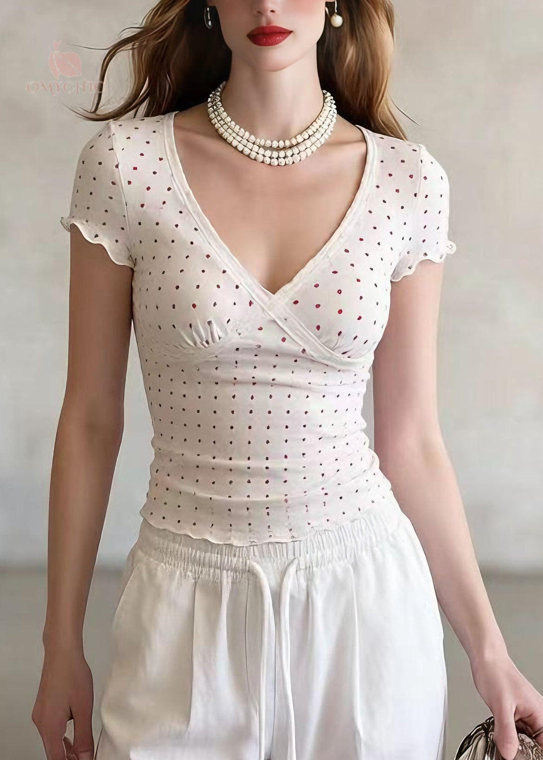 Cute Beige V Neck Print Lace Patchwork Cotton T Shirt Summer